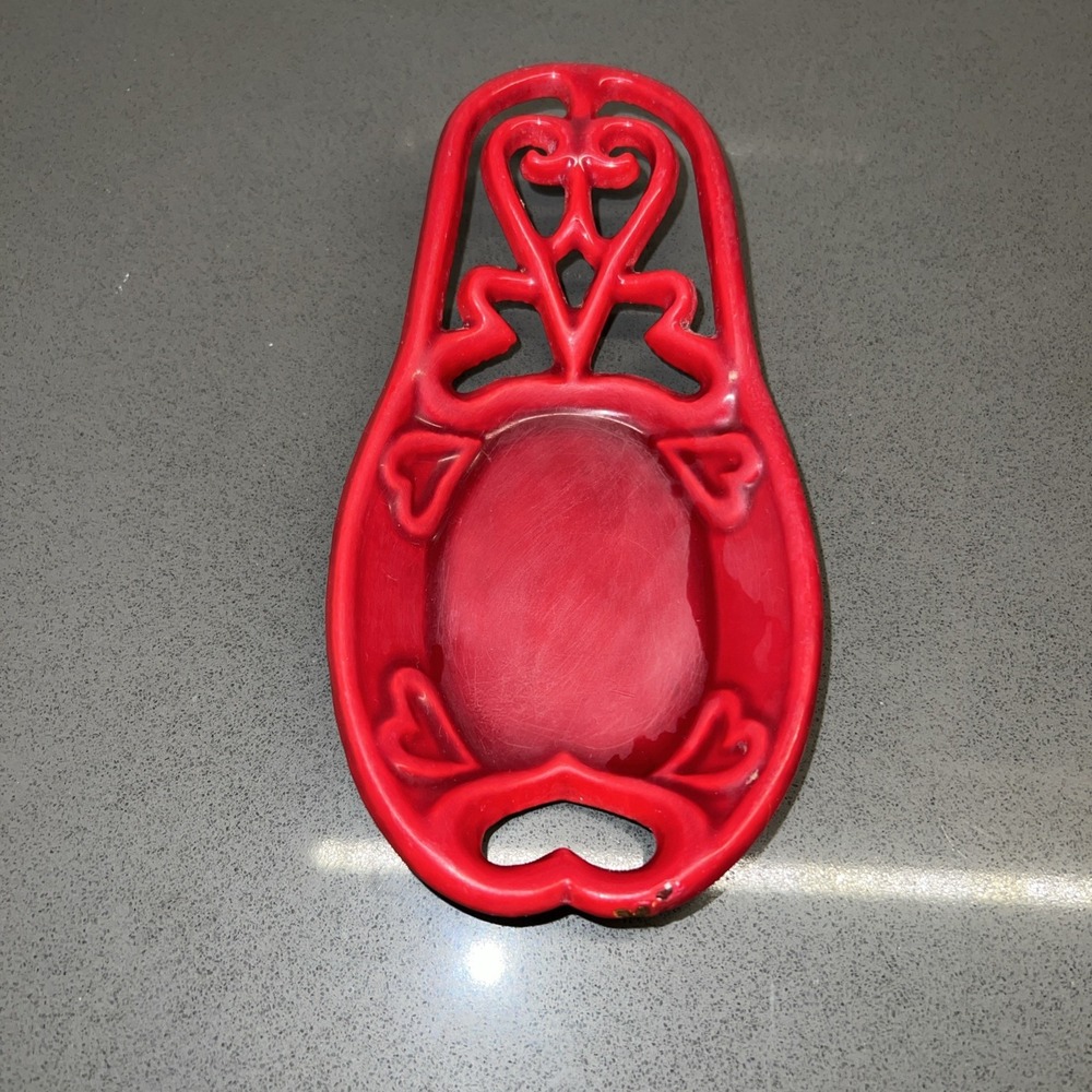 Vintage Cast  Iron Red Spoon Rest Hearts